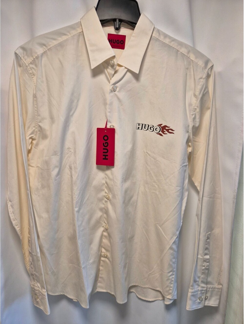 NEW HUGO Mens Large Cream Flame Logo Casual Slim Fit Long Sleeve Shirt NWT